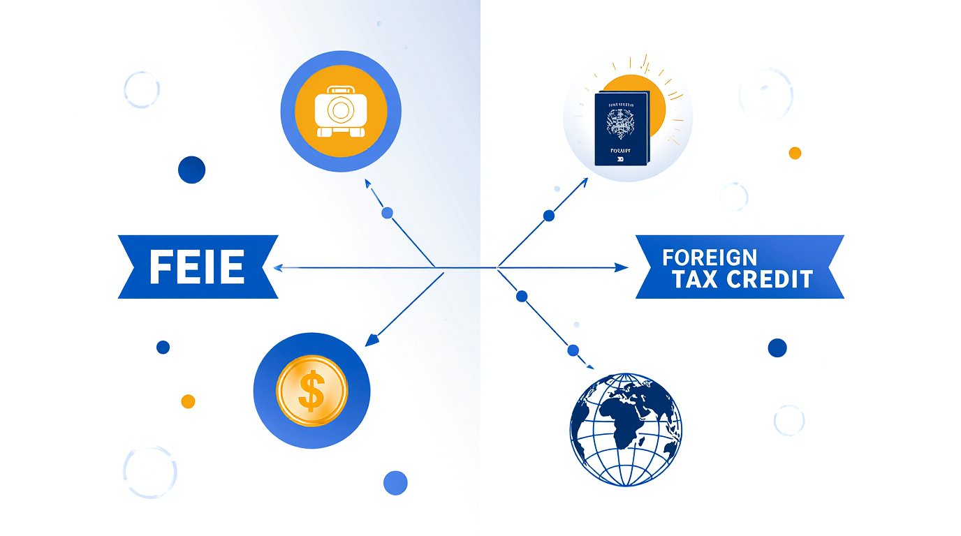 US expat comparing FEIE vs Foreign Tax Credit using a simple decision tree to choose the best option for US taxes abroad.